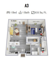 Floor plan for 1 bed, 1 bath, 835 sqft